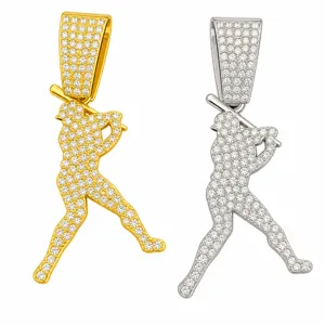 Iced out hip hop baseball player pendant necklace in gold and silver finish for men.