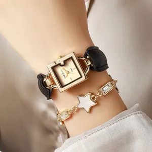 Montre quartz bracelet cuir carre femme avec ensemble de bracelet etoile cristal de luxe.
