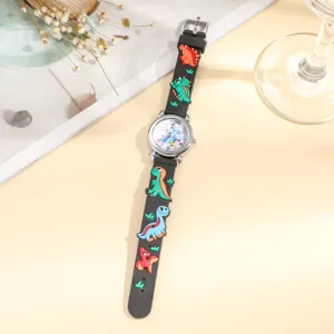 Detailed view of children quartz watch with cute 3d cartoon dinosaur silicone strap and dial.