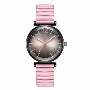 Modieus quartz horloge met zwarte ronde wijzerplaat en stijlvolle roze band voor dames.