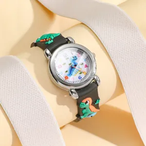 Detail view of cute cartoon dinosaur kids quartz watch, 3D silicone strap, white dial.