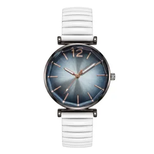 Minimalistisch quartz horloge met blauwe zonneschijf wijzerplaat en witte stretchband.