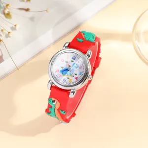 Kids cartoon dinosaur quartz watch with red silicone strap, cute 3D design for students.