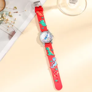 Cute 3D cartoon dinosaur quartz watch for kids with red silicone strap, ideal gift.