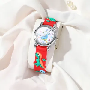 Kids cartoon 3D dinosaur quartz watch with red silicone strap and colorful dial.