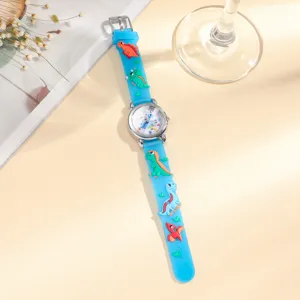 Kids 3D cartoon dinosaur quartz watch with blue silicone strap and clear dial markers.