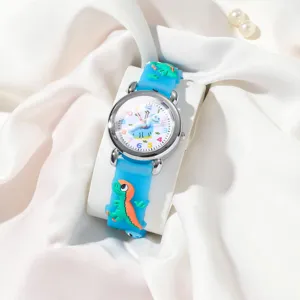 Cute cartoon dinosaur kids quartz watch with 3D silicone strap and colorful dial numbers.