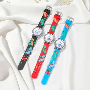 Cute cartoon dinosaur kids quartz watch detail featuring colorful 3D silicone straps.
