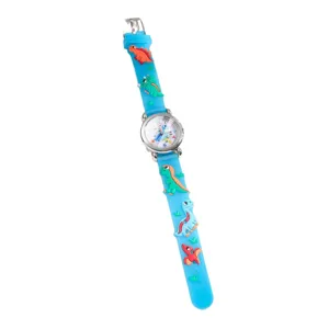 Kids cartoon dinosaur quartz watch with 3D silicone strap for boys and girls cute blue