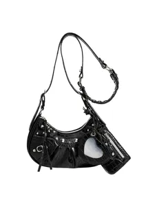 Women's Fashion Crocodile Pattern PU Leather Underarm Shoulder Bag Crescent Crossbody Bag With Rivets Heart Mirror
