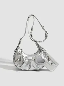 Silver Metallic Crescent Hobo Bag with Heart Mirror and Studs Chic Shoulder Crossbody Bag