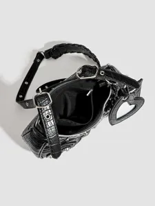 Black crocodile pattern underarm bag with metal studs and heart mirror, stylish shoulder bag.