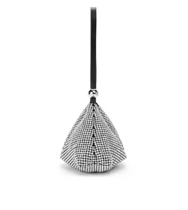 Bolso de noche triangular de pedrería de cristal brillante con correa negra y detalle.