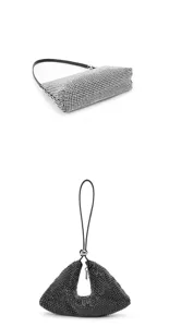 Bolso de hombro de noche triangular con pedrería plateada para mujer, bolso de mano elegante.