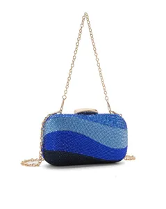 Stunning rhinestone evening bag with wave color-block design and chic gold chain strap.