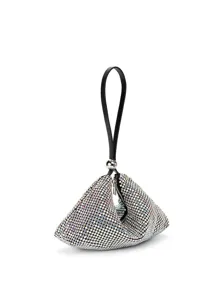 Bolso de noche triangular con estrás bolso de malla plateada asa de bola detalle