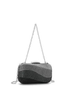 Rhinestone evening clutch bag with chain strap, luxury crystal black silver wave design shoulder bag.