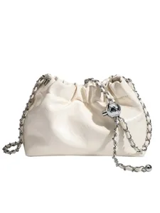 White gathered cloud bag with chain strap and metal ball decor, chic stylish crossbody bag.