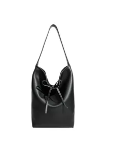 Bolso Cubo de Mujer de Piel Sintetica Negra Bolso Bandolera Casual Hobo con Cordones