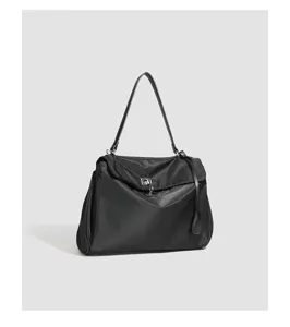 Black nylon shoulder bag tote Kelly style turn lock commuter handbag casual fashion chic