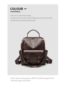 Vintage bruine lederen rugzak voor dames, retro casual reisschooltas met meerdere vakken.