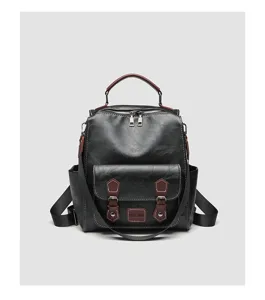Vrouwen vintage kunstledzen rugzak, casual zwarte schooltas gedetailleerd zicht.