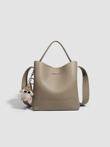 Women PU Leather Bucket Bag Large Capacity Casual Commuter Shoulder Crossbody Handbag With Plush Doll Pendant