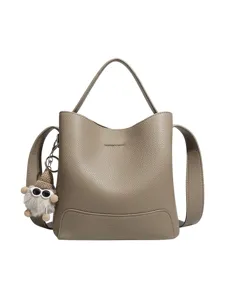 Women Grey Leather Bucket Bag Casual Crossbody Handbag Top Handle Bag with Cute Pendant