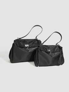 Black nylon shoulder handbag set, stylish casual tote bag with metal lock closure for daily commute.