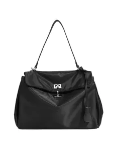 Black nylon shoulder bag with silver turn-lock clasp, large capacity commuting tote handbag for women.