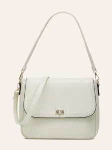 Elegant off-white leather shoulder bag with a stylish flap and gold-tone metal lock.
