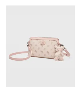 Stijlvolle dames beige pegasus print schoudertas met roze rand en schattige berenhanger.