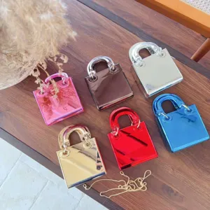 Gedetailleerd overzicht van de mini spiegel metalen handtas met stevige handgreep en ketting.