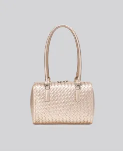 Close-up view of the metallic gold woven leather texture and sturdy double handles detail.