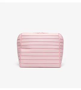 Borsa cosmetica rosa con design a coste orizzontali, grande capacità impermeabile da viaggio.