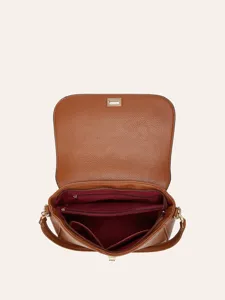 Brown leather shoulder bag for women, retro messenger bag with multi-pocket design and lock.