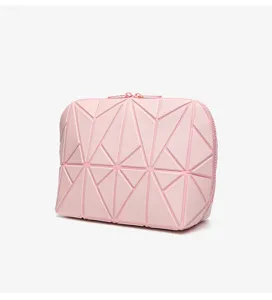 Borsa cosmetica rosa geometrica, grande capacità e custodia da viaggio impermeabile.