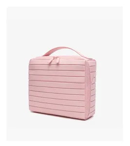 Roze gestreepte cosmetictas draagbare reiskoffer opbergtas met dubbele ritssluiting top