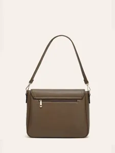 Detailed view of brown leather retro crossbody shoulder bag, stylish and versatile square design.