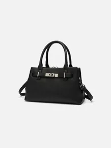 Elegant black lychee pattern leather handbag, chic top handle shoulder crossbody bag.