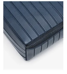Detailopname van donkerblauwe gestreepte lederen cosmetictas met textuur en ritssluiting.