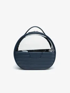 Modern minimalist round clear cosmetic bag featuring top handle and elegant ribbed front panel.
