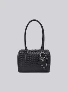 Black woven leather shoulder bag with star charm stylish casual commuting handbag for women