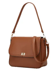Brown PU leather shoulder bag for women, vintage crossbody bag with flap and metal lock.