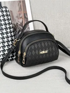 Black quilted multi-layer shoulder handbag with top handle and stylish diamond pattern design