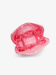 Pochette cosmetica rosa da viaggio con grande capacità, zip e scomparti in rete multipli.