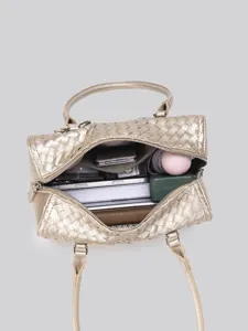 Metallic gold woven leather shoulder bag stylish Boston handbag large capacity daily commute