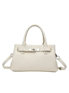 White leather top handle shoulder bag with classic turn lock design for women daily commute.