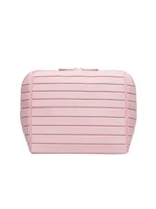 Borsa da trucco rosa con strisce orizzontali, grande capacità custodia impermeabile per cosmetici.