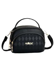 Black women crossbody shoulder bag with multi layers zippers and elegant diamond quilted pattern.